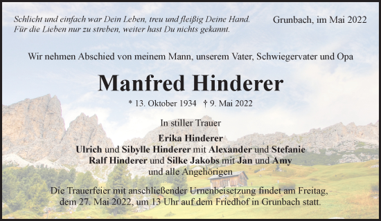 Traueranzeige von Manfred Hinderer von Waiblinger Kreiszeitung