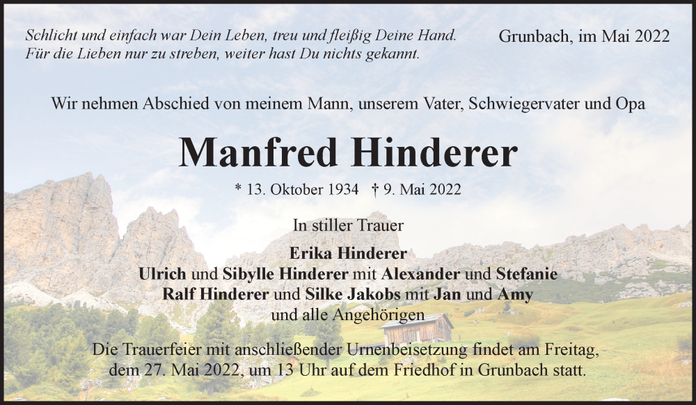  Traueranzeige für Manfred Hinderer vom 12.05.2022 aus Waiblinger Kreiszeitung