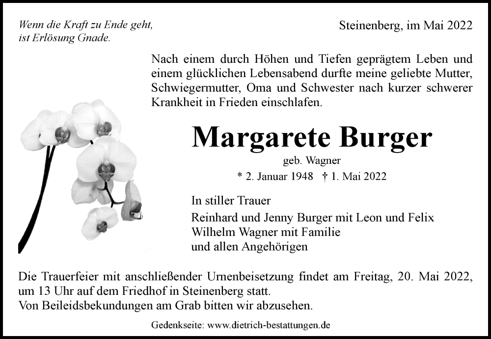  Traueranzeige für Margarete Burger vom 14.05.2022 aus Waiblinger Kreiszeitung
