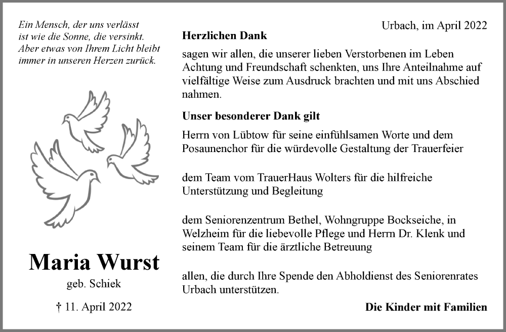  Traueranzeige für Maria Wurst vom 14.05.2022 aus Waiblinger Kreiszeitung