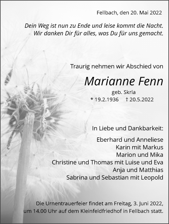 Traueranzeige von Marianne Fenn von Waiblinger Kreiszeitung