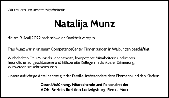 Traueranzeige von Natalija Munz von Waiblinger Kreiszeitung