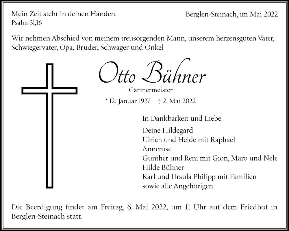  Traueranzeige für Otto Bühner vom 04.05.2022 aus Waiblinger Kreiszeitung