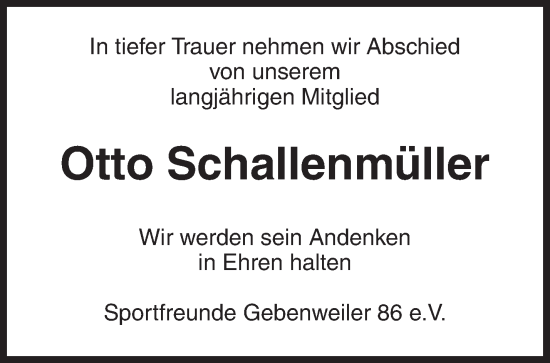 Traueranzeige von Otto Schallenmüller von Waiblinger Kreiszeitung