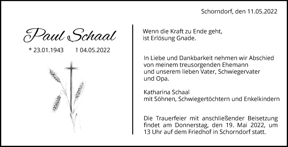  Traueranzeige für Paul Schaal vom 13.05.2022 aus Waiblinger Kreiszeitung