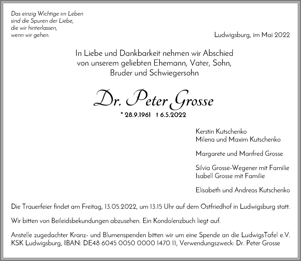  Traueranzeige für Peter Grosse vom 11.05.2022 aus Waiblinger Kreiszeitung
