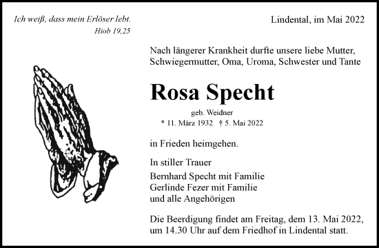 Traueranzeige von Rosa Specht von Waiblinger Kreiszeitung