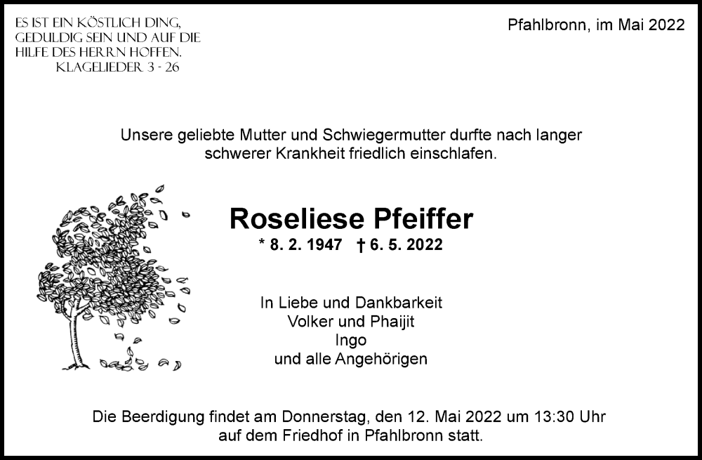  Traueranzeige für Roseliese Pfeiffer vom 10.05.2022 aus Waiblinger Kreiszeitung