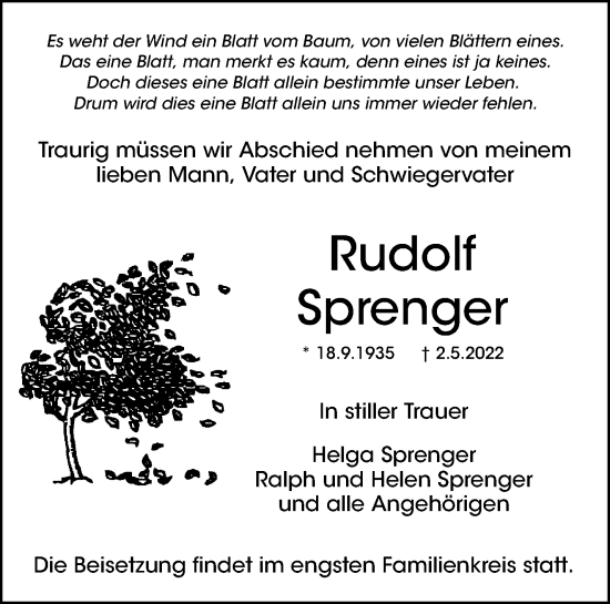 Traueranzeige von Rudolf Sprenger von Waiblinger Kreiszeitung