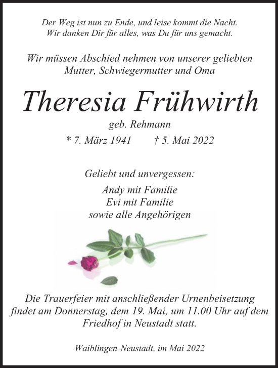 Traueranzeige von Theresia Frühwirth von Waiblinger Kreiszeitung