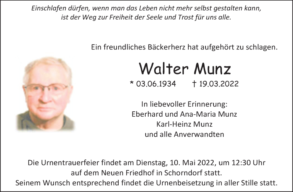  Traueranzeige für Walter Munz vom 07.05.2022 aus Waiblinger Kreiszeitung