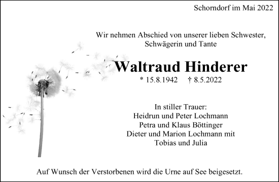 Traueranzeige von Waltraud Hinderer von Waiblinger Kreiszeitung