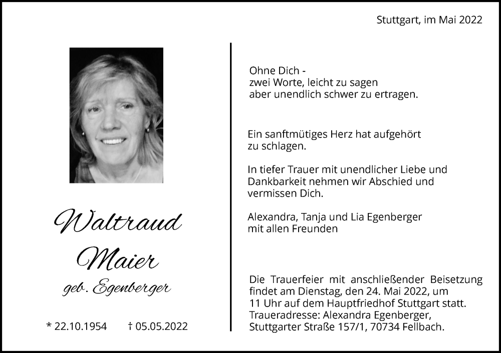  Traueranzeige für Waltraud Maier vom 10.05.2022 aus Waiblinger Kreiszeitung