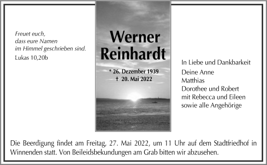 Traueranzeige von Werner Reinhardt von Waiblinger Kreiszeitung