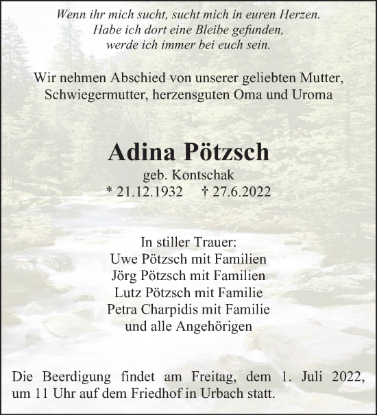 Traueranzeige von Adina Pötzsch von Waiblinger Kreiszeitung