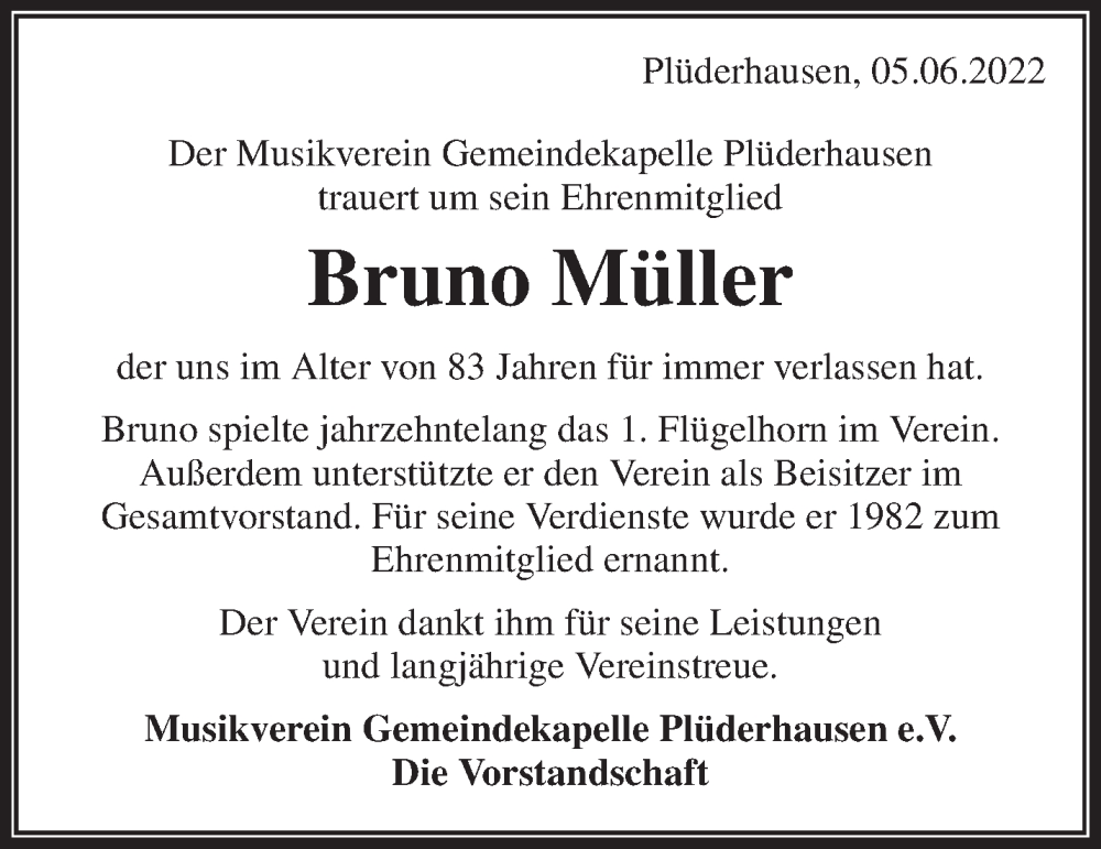  Traueranzeige für Bruno Müller vom 08.06.2022 aus Waiblinger Kreiszeitung