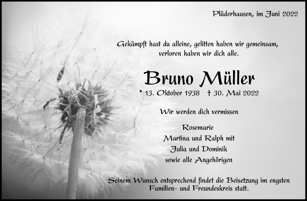  Traueranzeige für Bruno Müller vom 04.06.2022 aus Waiblinger Kreiszeitung