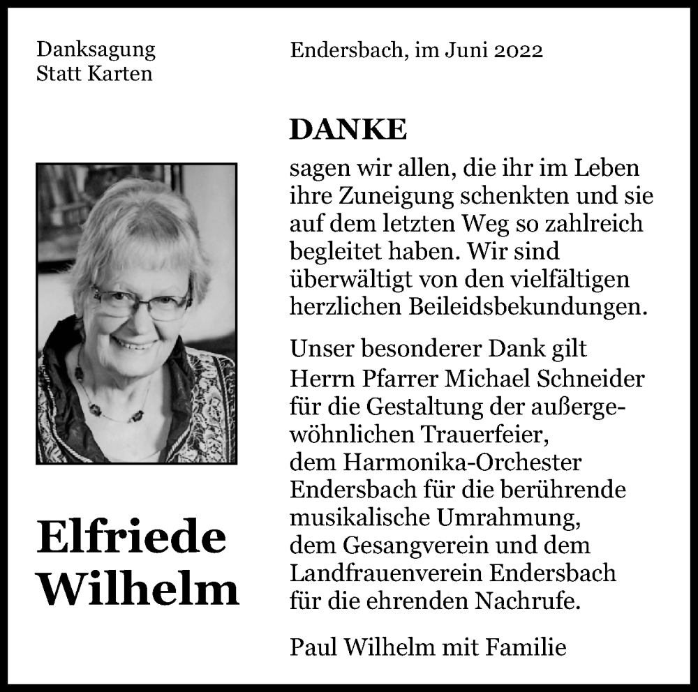  Traueranzeige für Elfriede Wilhelm vom 01.06.2022 aus Waiblinger Kreiszeitung
