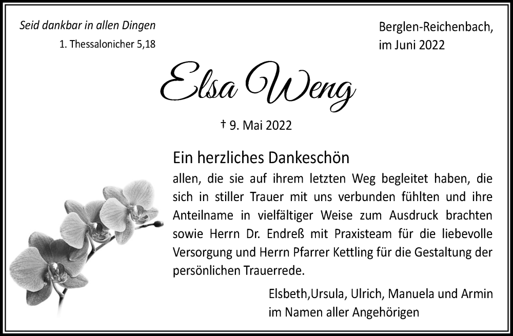  Traueranzeige für Elsa Weng vom 04.06.2022 aus Waiblinger Kreiszeitung