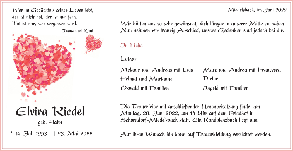  Traueranzeige für Elvira Riedel vom 15.06.2022 aus Waiblinger Kreiszeitung