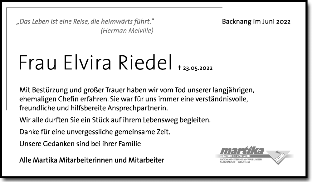 Traueranzeige für Elvira Riedel vom 15.06.2022 aus Waiblinger Kreiszeitung