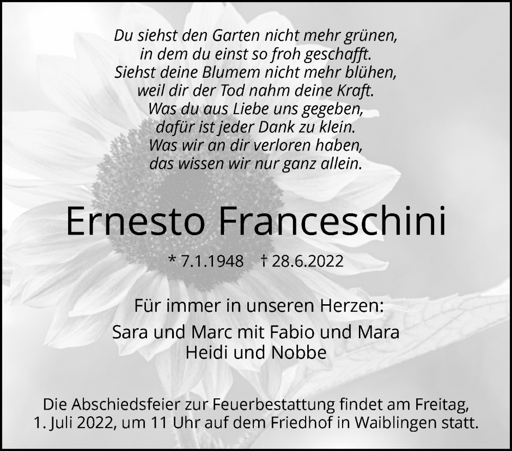  Traueranzeige für Ernesto Franceschini vom 29.06.2022 aus Waiblinger Kreiszeitung