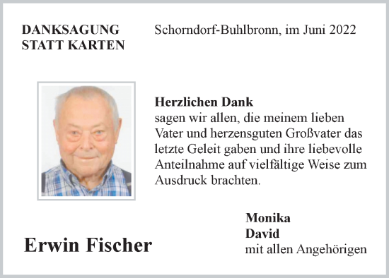 Traueranzeige von Erwin Fischer von Waiblinger Kreiszeitung
