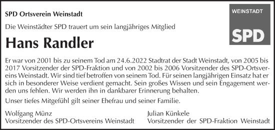 Traueranzeige von Hans Randler von Waiblinger Kreiszeitung