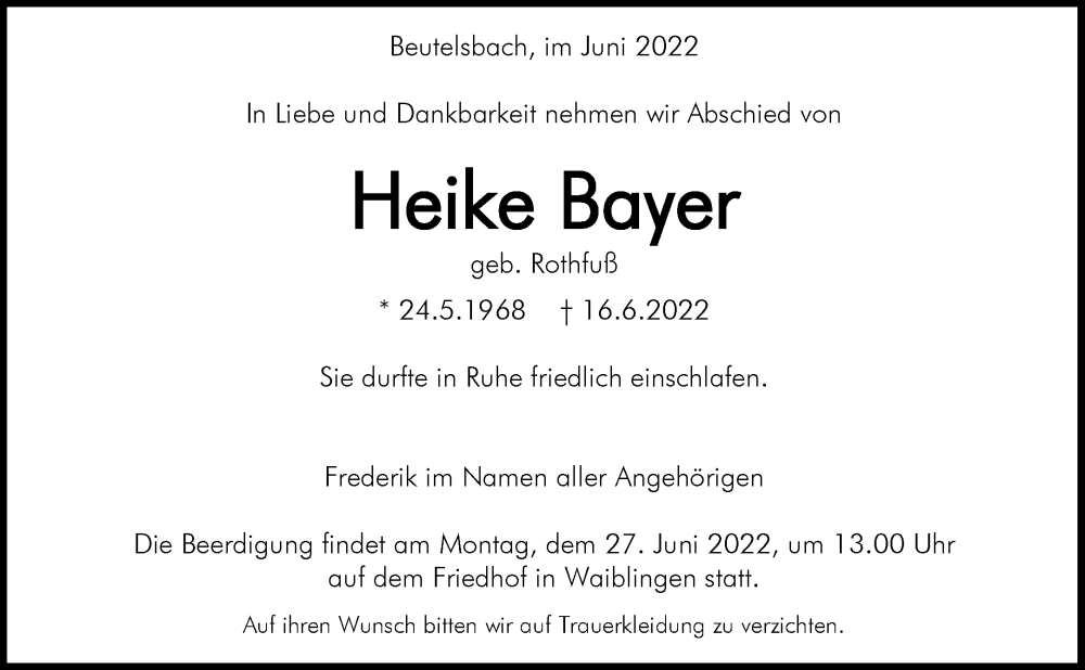  Traueranzeige für Heike Bayer vom 21.06.2022 aus Waiblinger Kreiszeitung