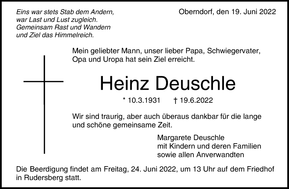  Traueranzeige für Heinz Deuschle vom 21.06.2022 aus Waiblinger Kreiszeitung