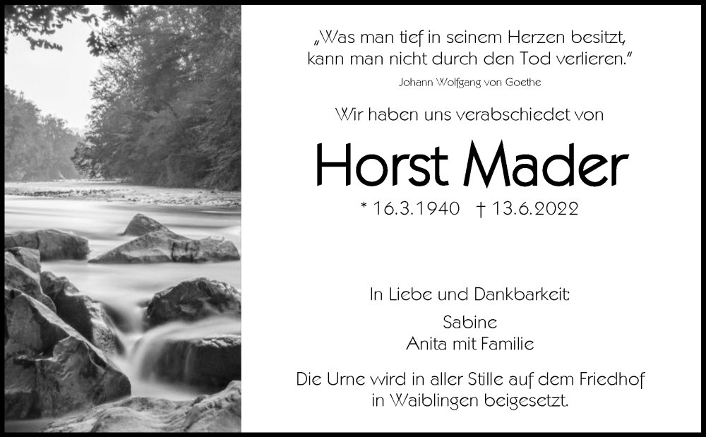  Traueranzeige für Horst Mader vom 25.06.2022 aus Waiblinger Kreiszeitung