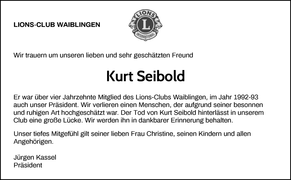  Traueranzeige für Kurt Seibold vom 28.06.2022 aus Waiblinger Kreiszeitung