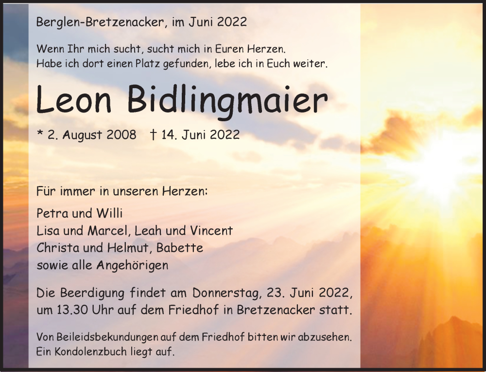  Traueranzeige für Leon Bidlingmaier vom 21.06.2022 aus Waiblinger Kreiszeitung