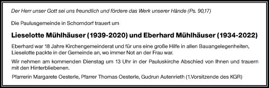 Traueranzeige von Lieselotte und Eberhard Mühlhäuser von Waiblinger Kreiszeitung