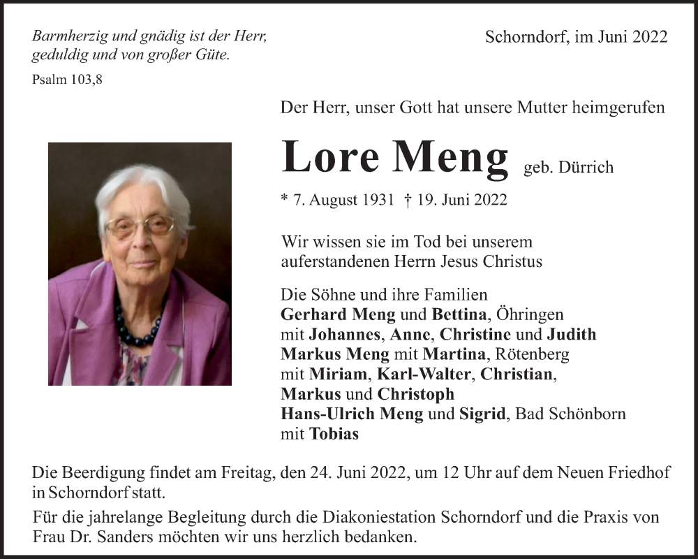  Traueranzeige für Lore Meng vom 22.06.2022 aus Waiblinger Kreiszeitung