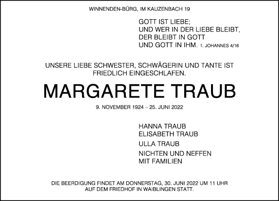 Traueranzeige von Margarete Traub von Waiblinger Kreiszeitung