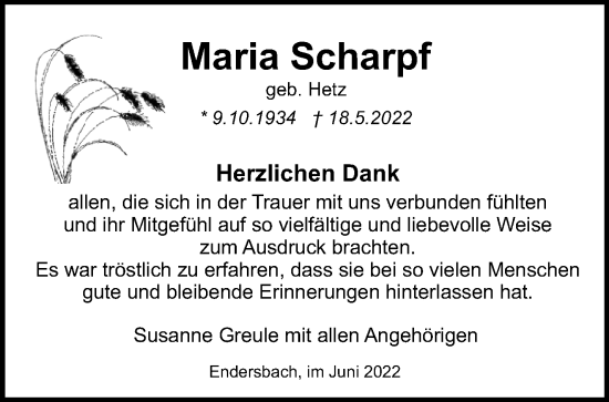 Traueranzeige von Maria Scharpf von Waiblinger Kreiszeitung