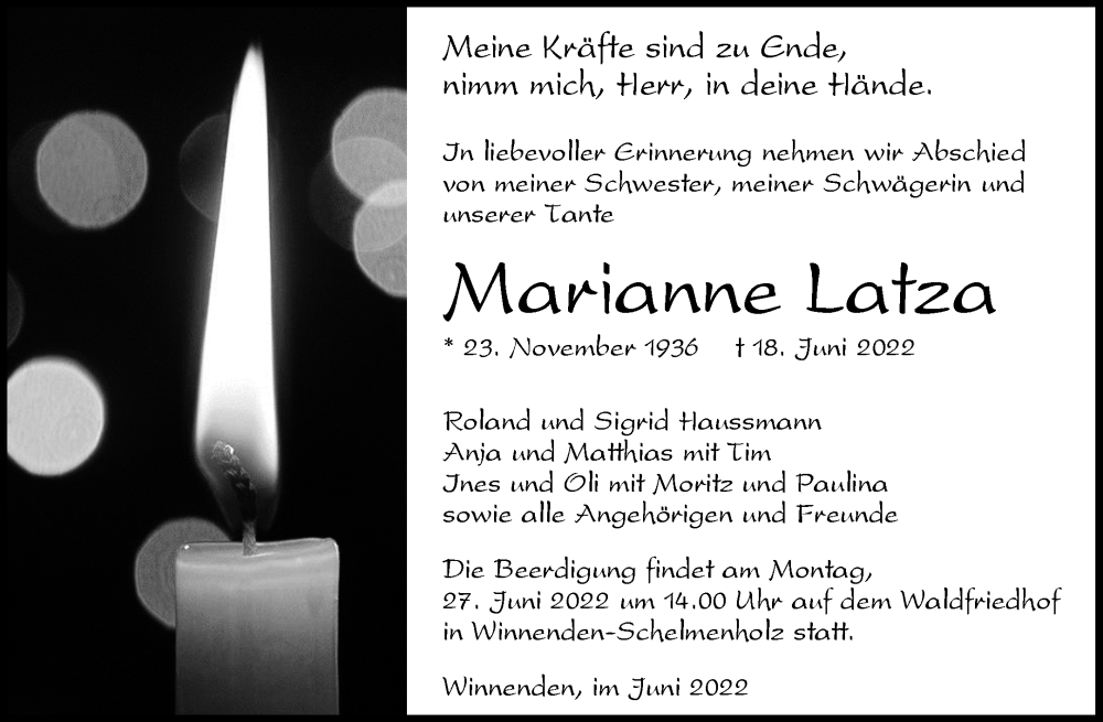  Traueranzeige für Marianne Latza vom 23.06.2022 aus Waiblinger Kreiszeitung
