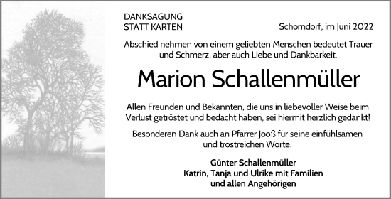 Traueranzeige von Marion Schallenmüller von Waiblinger Kreiszeitung