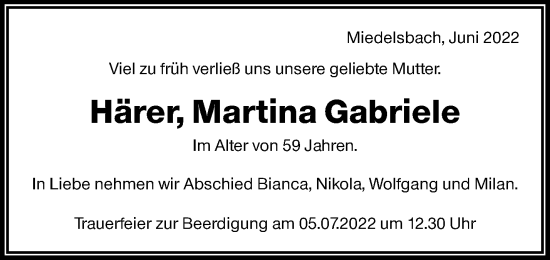 Traueranzeige von Martina Gabriele Härer von Waiblinger Kreiszeitung