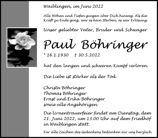 Traueranzeige von Paul Böhringer von Waiblinger Kreiszeitung