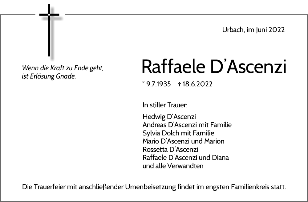  Traueranzeige für Raffaele DAscenzi vom 23.06.2022 aus Waiblinger Kreiszeitung