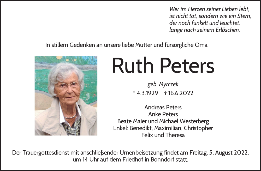 Traueranzeige für Ruth Peters vom 23.06.2022 aus Waiblinger Kreiszeitung