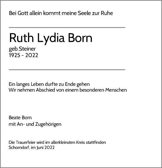 Traueranzeige von Ruth Lydia Born von Waiblinger Kreiszeitung