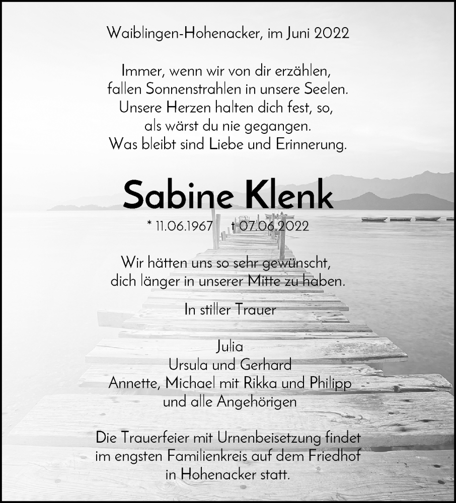  Traueranzeige für Sabine Klenk vom 10.06.2022 aus Waiblinger Kreiszeitung