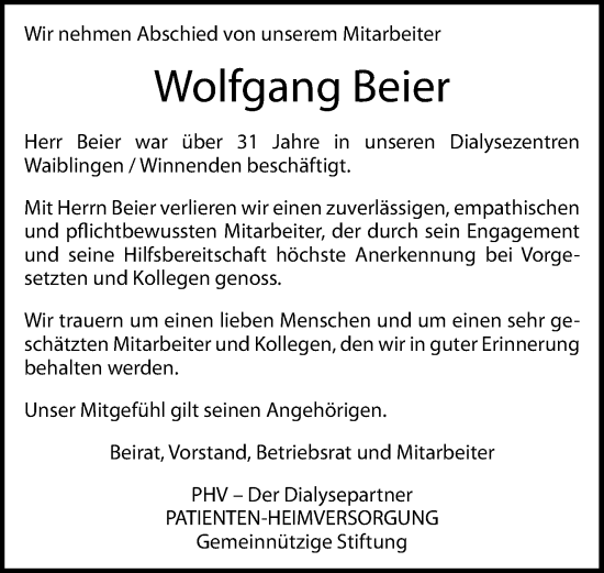 Traueranzeige von Wolfgang Beier von Waiblinger Kreiszeitung