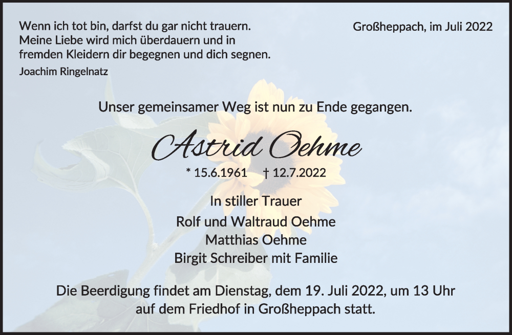  Traueranzeige für Astrid Oehme vom 16.07.2022 aus Waiblinger Kreiszeitung