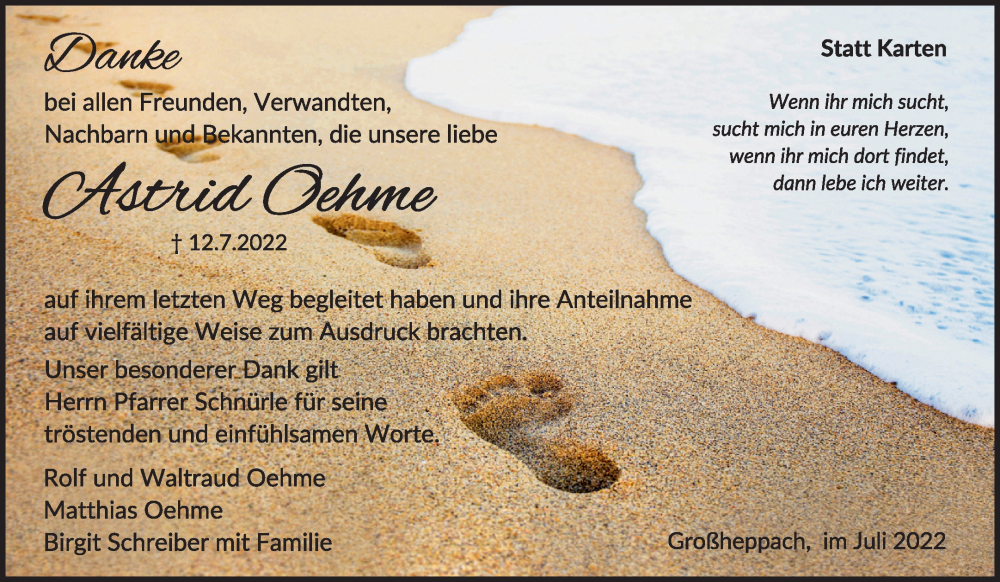  Traueranzeige für Astrid Oehme vom 30.07.2022 aus Waiblinger Kreiszeitung
