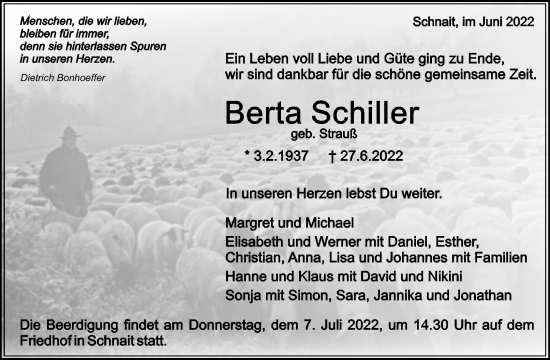Traueranzeige von Berta Schiller von Waiblinger Kreiszeitung