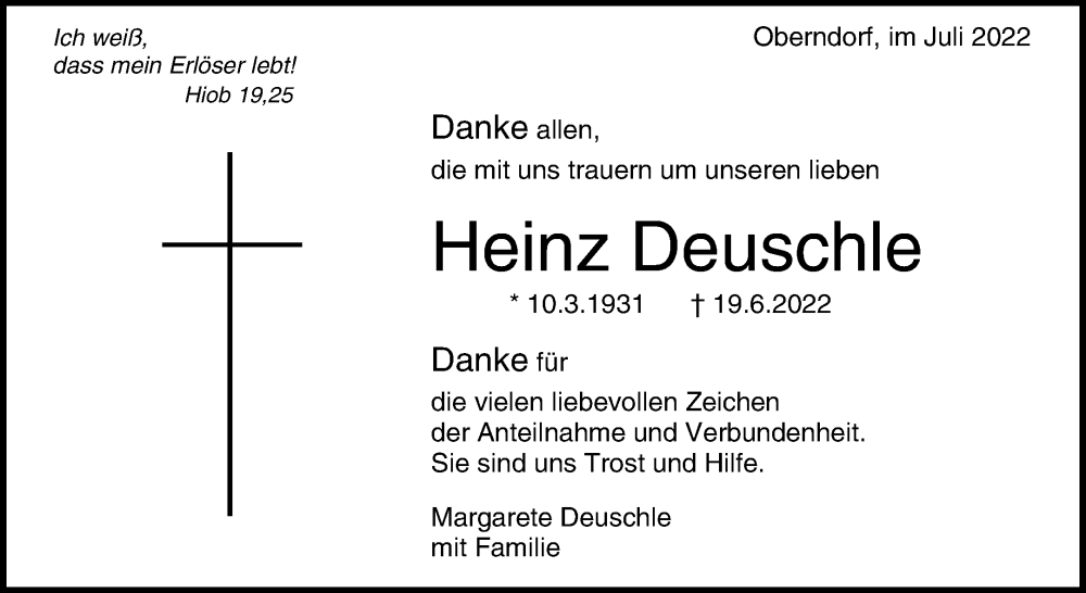  Traueranzeige für Heinz Deuschle vom 13.07.2022 aus Waiblinger Kreiszeitung